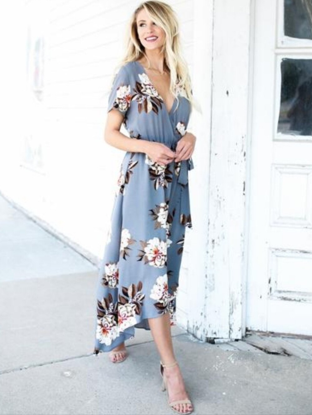 Floral Gray High-Low Wrap Dress with Tie Waist Sz M